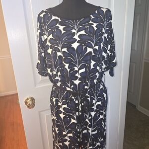 Ivanka Trump Navy and White Leaf-Print Dress